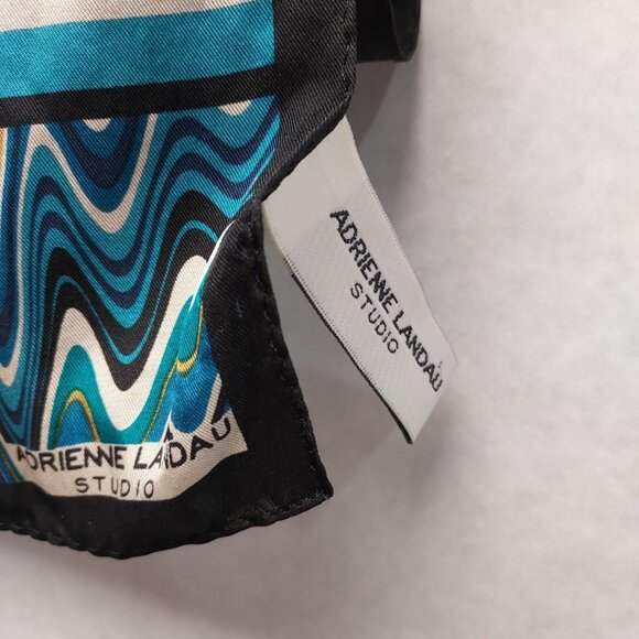 Adrienne Landau Scarf 100% Silk Geometric Brown White Aqua Blue Cravat 52" x 11" - Picture 9 of 14